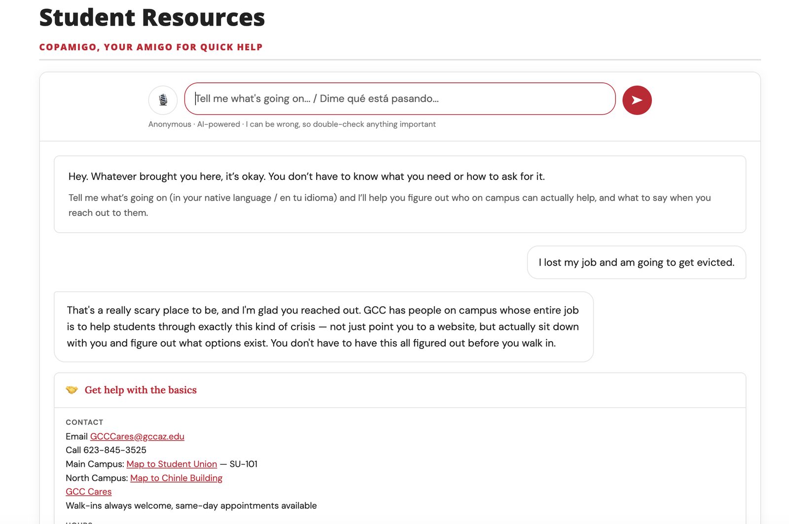 CopaMigo student connection tool interface