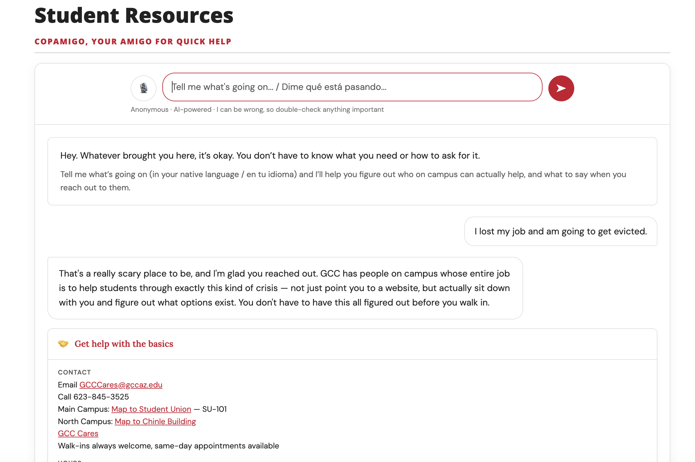 CopaMigo student connection tool interface