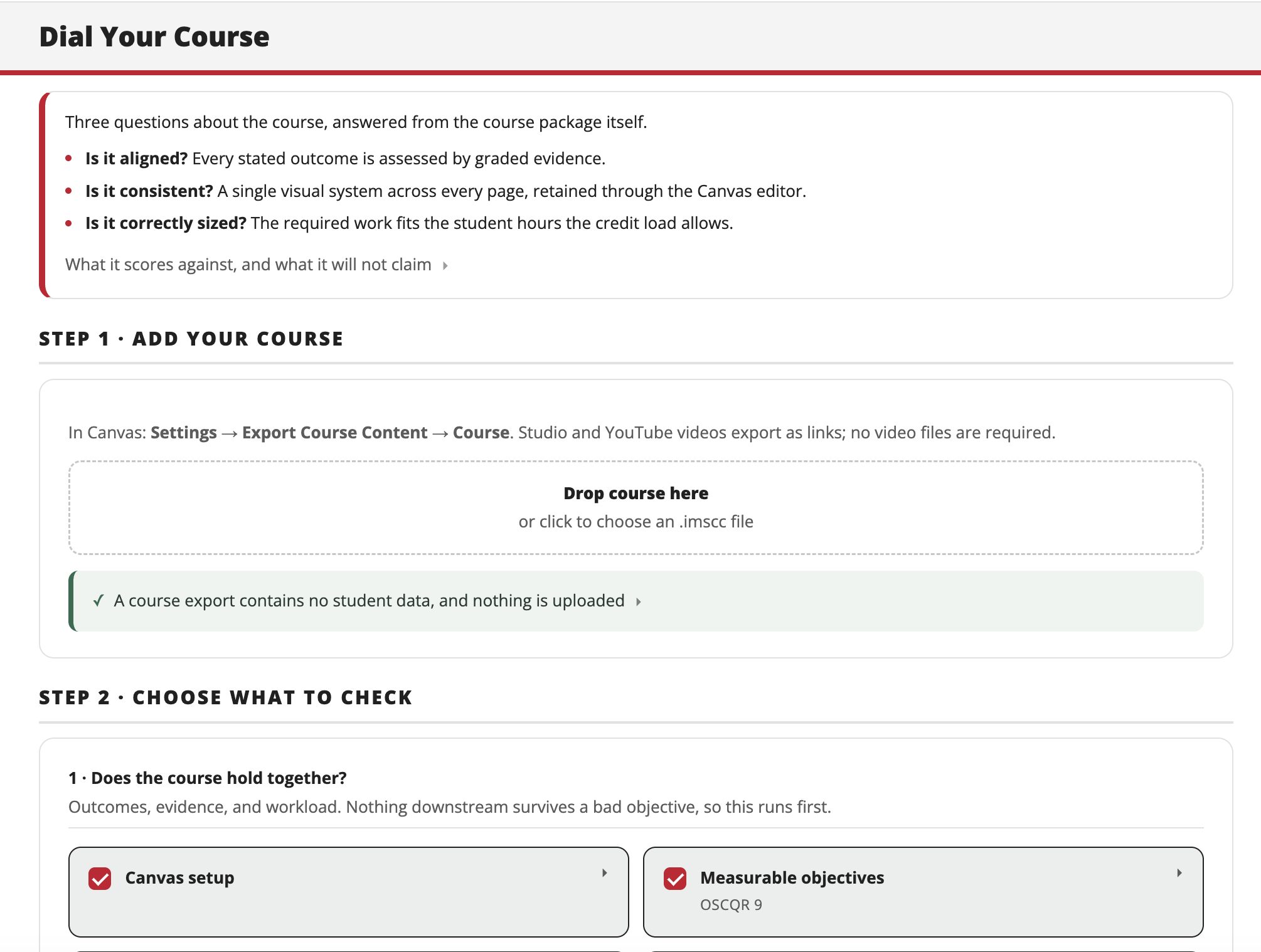 Dial Your Course, a course-quality tool: a Canvas course goes in, nineteen checks run, fixes come back