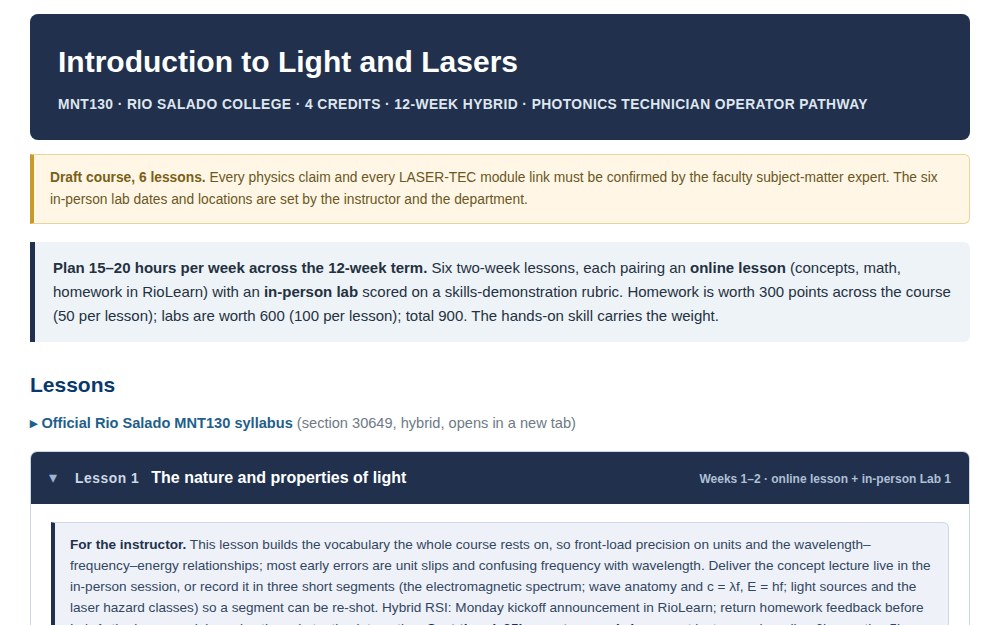 Light and Lasers, a hybrid photonics workforce course for Rio Salado: a laser beam passing through optics on an optical bench