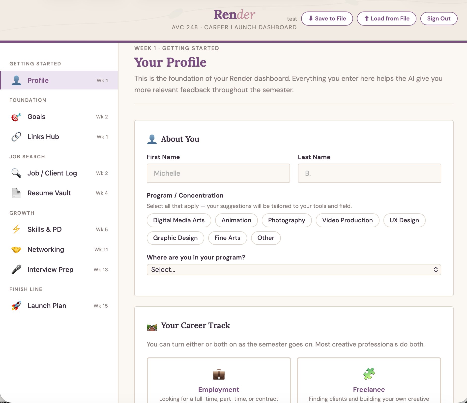 Profile panel showing About You form, program selection, and career track options