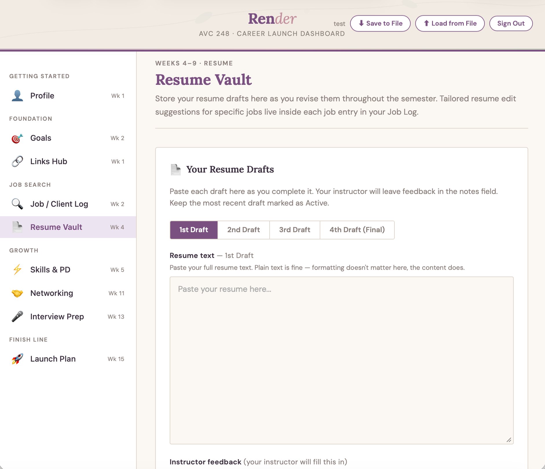 Resume Vault with four draft tabs and instructor feedback fields