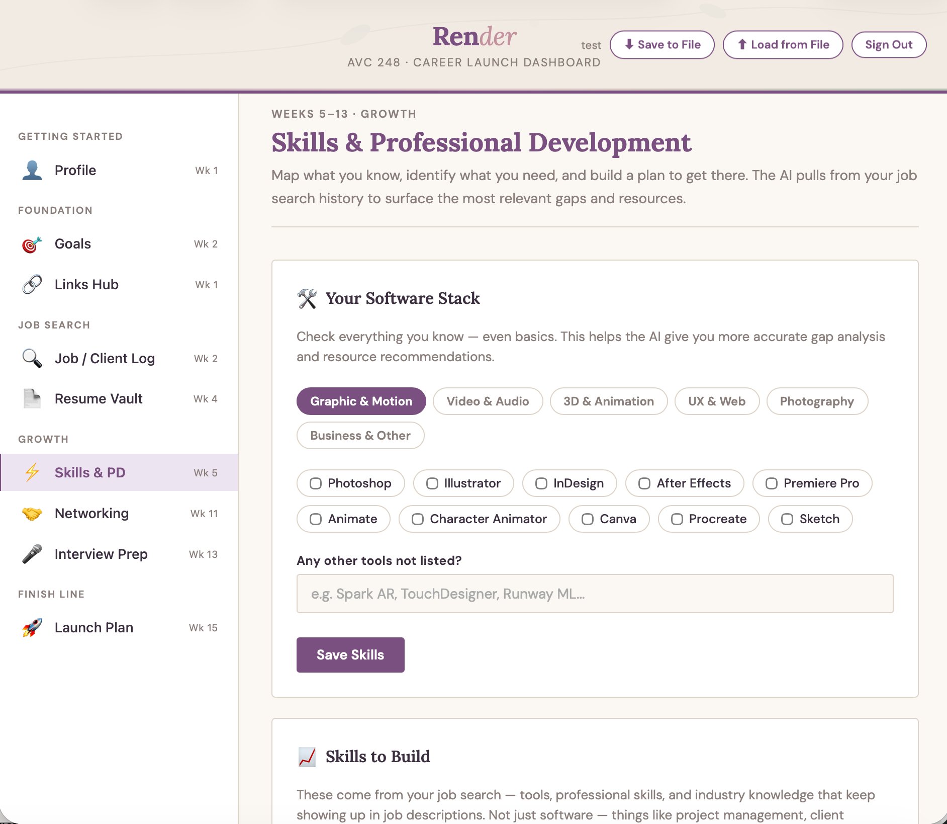 Skills and Professional Development panel with software stack checklist
