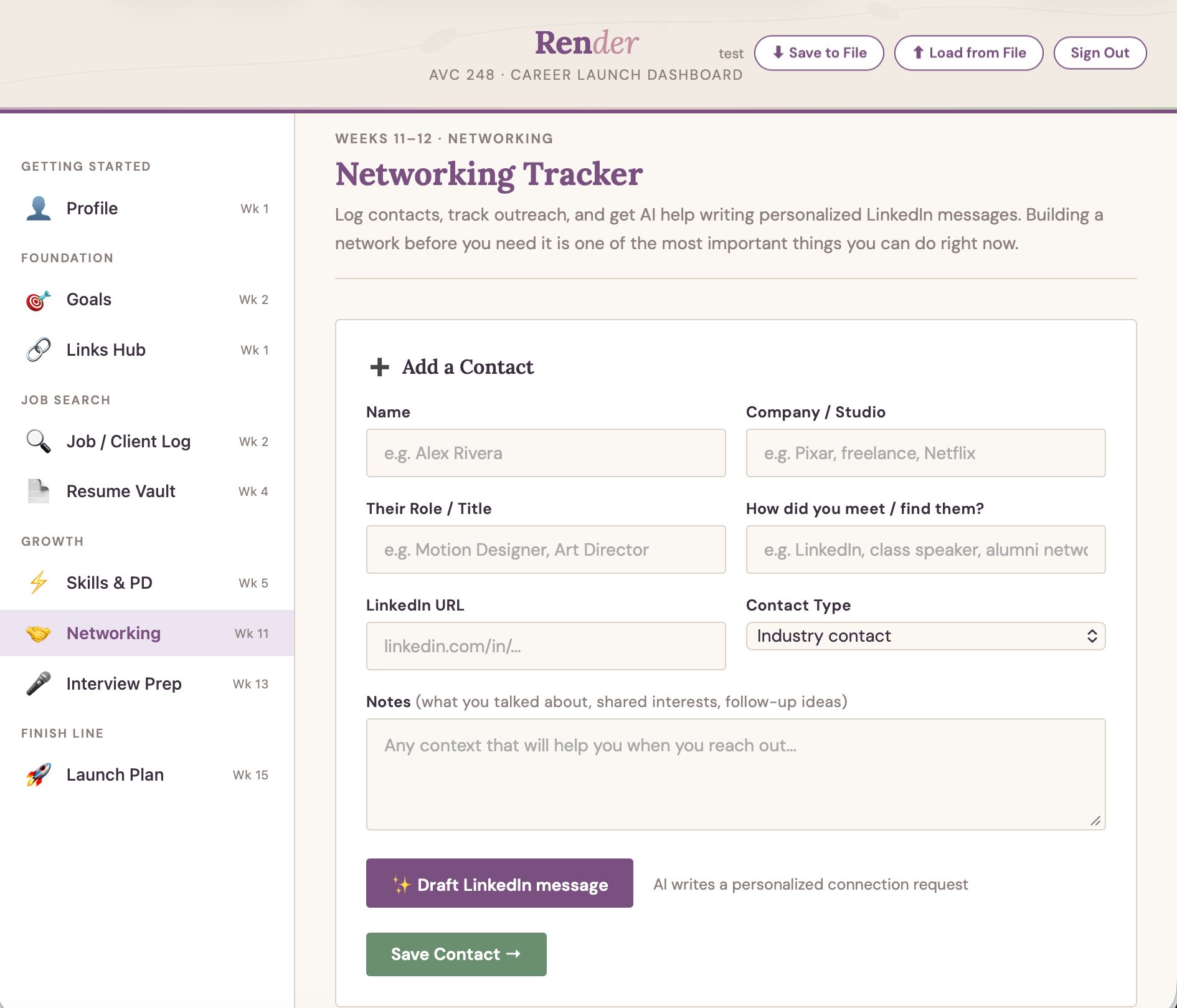 Networking Tracker with contact form and AI LinkedIn message drafting