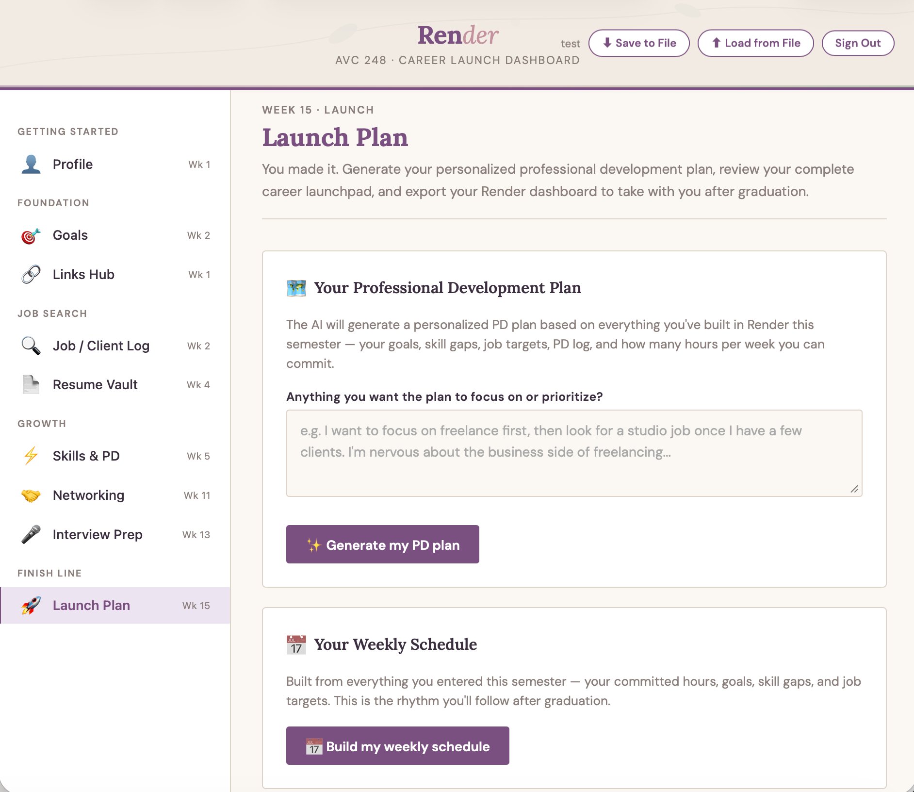 Launch Plan with PD plan generator and weekly schedule builder