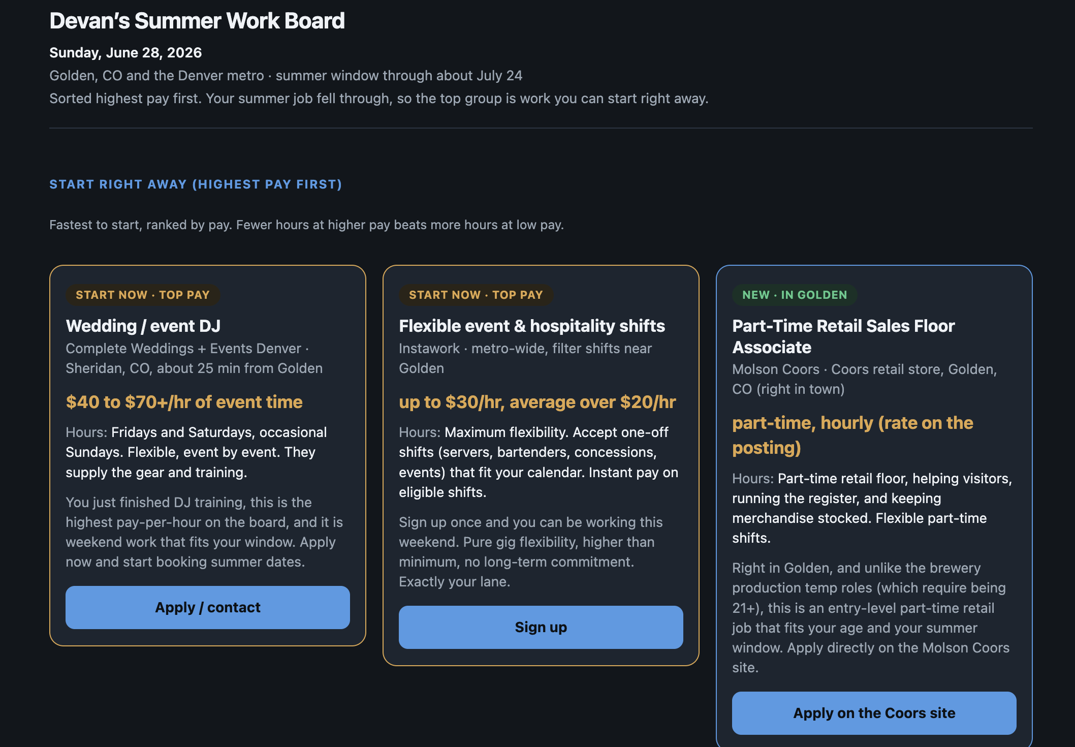 Summer Work board